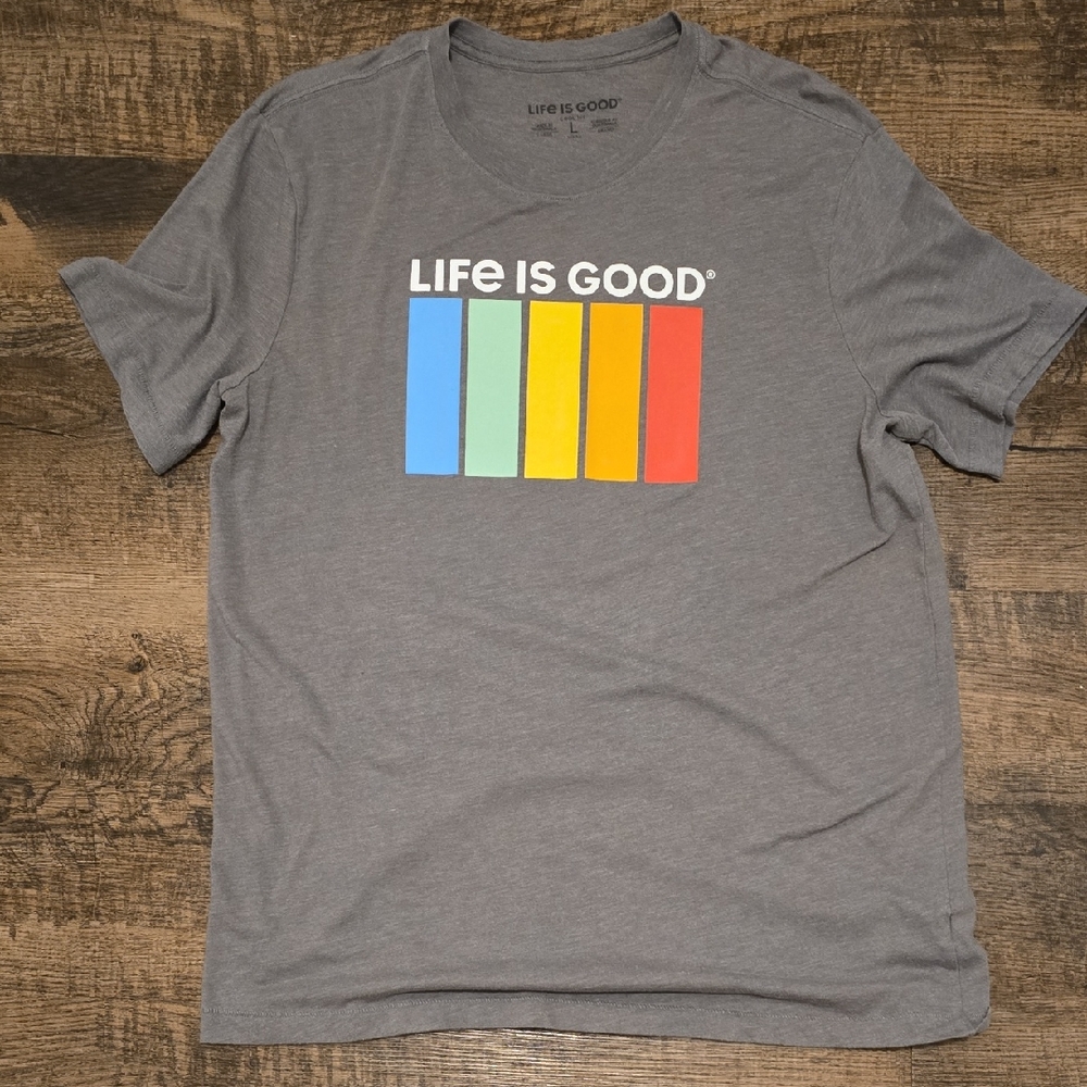 Life Is Good Men's Gray Tee with Colorful Stripes